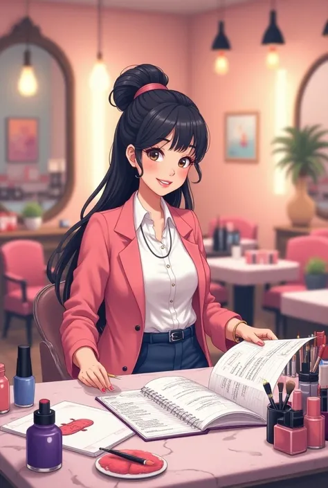 entrepreneurial woman, Background your beauty salon,  counting how , The business ,  adorable background ,  makeup and nails ,  different cosmetics , anime 