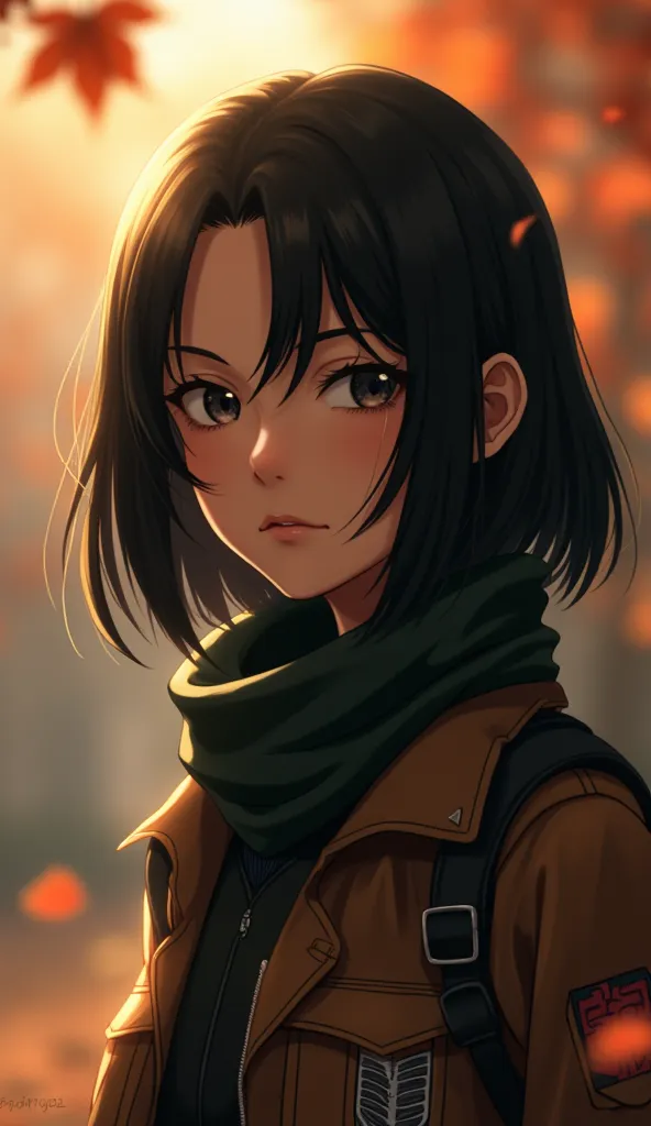 A cinematic medium shot of a young woman with shoulder-length black hair, inspired by the character Mikasa from Attack on Titan. She has an intense and contemplative expression. She is wearing an 'AR3' logo jacket and a military-style scarf. The background is blurred and contains autumn leaves. The lighting is soft, making her skin glow warmly like sunlight. The image has a cinematic and dramatic style.