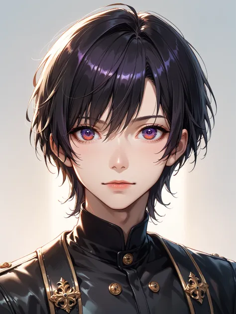 anime 2.5d style, young boy, male, he has a short neck, beautiful nose, broad shoulders, (his eyes are of different colors eyes: 1 eye red eye and  the other1 eye is purple eye), he has black hair, bob hair, he wears black military clothes, portrait upto w...