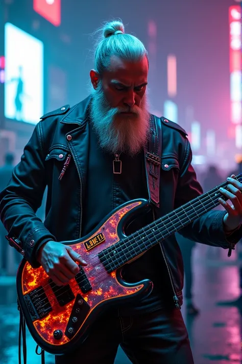 White man with a Cyberpunk beard playing a cyberpunk-style bass 