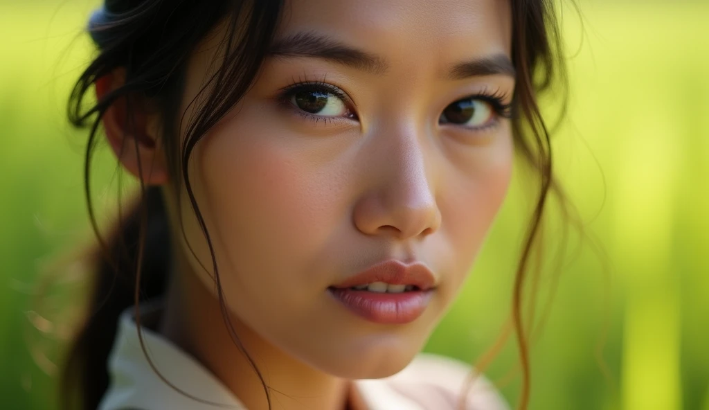 Ultra-realistic close-up portrait of a beautiful 30-year-old Indonesian woman with a neutral expression, her smooth skin and delicate features highlighted by soft, natural sunlight. Her traditional attire frames her face elegantly, enhancing her serene gaz...