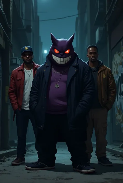 Gengar but as a gangster int eh streets with 3 african american men 