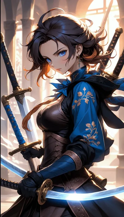 Brown anime woman. She’s skinny and slim. Her hair colour is brown at shoulder length with blue and orange dyed at the ends. She wears blue, and black combat outfit. She stands upright with her swords at her side