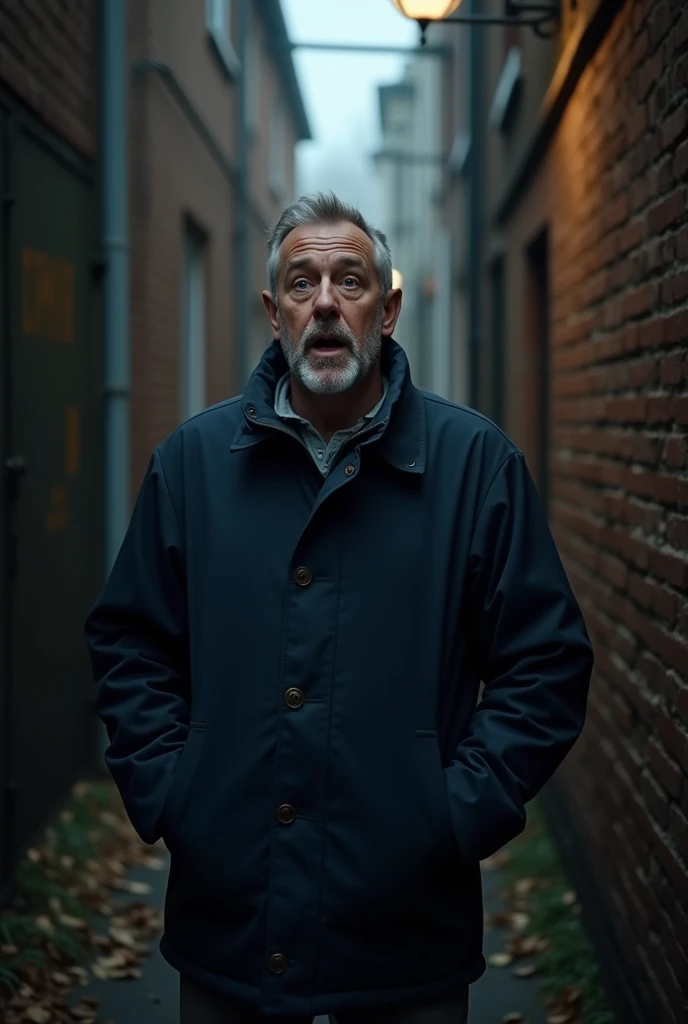 A tall white middle aged man standing straight with big eyes on his surprised face in a dark alley in autumn. You cant see his neck, his mouth is closed, hes got a stubble. Hes wearing a dark blue jacket. 