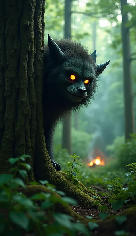 the Curupira,  with furious expression and glowing eyes , peek from behind a tree ,  watching invaders in the forest . In the background,  a scene of deforestation or fire that he seems to be about to punish,  with an atmosphere of revenge and protection o...