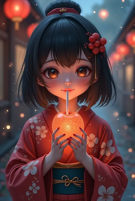 Convert to illustration。
Beautiful eyes。 a girl holding a candy apple。 wearing a kimono。 and the surroundings are sparkling 。