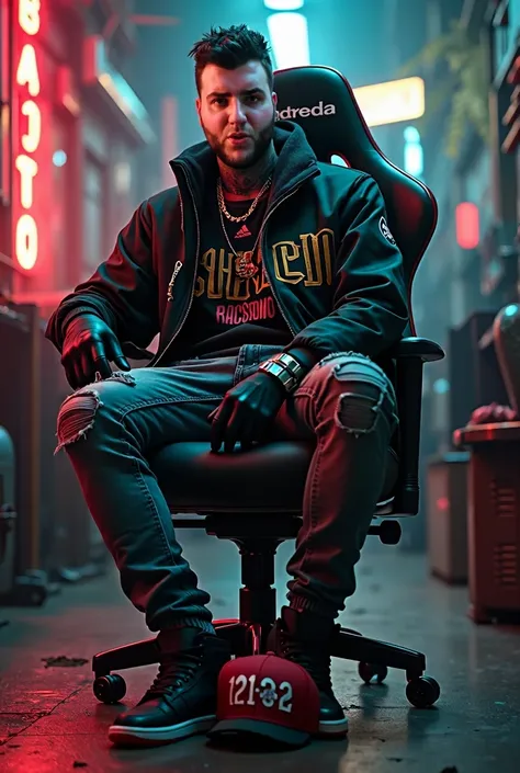 a tattooist sitting in a gamer chair, wearing black gloves, a black university jacket, a Barça t-shirt, Nike, ripped jeans, and black Nike Air Jordan sneakers stepping on a Real Madrid cap, ultra-detailed, (best quality,4k,8k,highres,masterpiece:1.2),ultra...