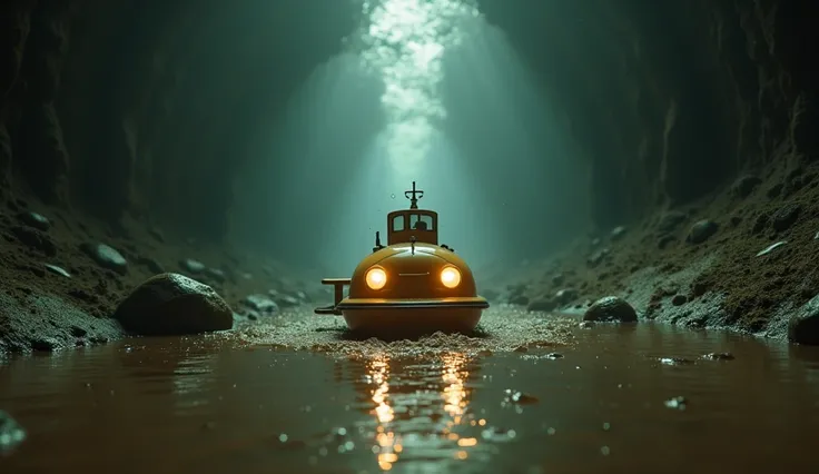 (Photorealism:1.2), Create an image,  on which the DVR inside the mini submarine films , the environment .  moving under muddy brown water in a huge sewer ,  which is three times as wide as the mini submarine .  The boats headlights must be turned on , ill...