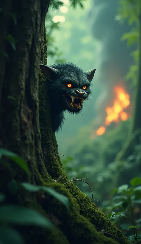 the Curupira,  with furious expression and glowing eyes , peek from behind a tree ,  watching invaders in the forest . In the background,  a scene of deforestation or fire that he seems to be about to punish,  with an atmosphere of revenge and protection o...