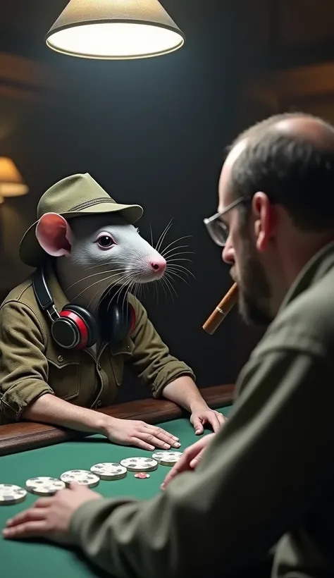  Imagine a humanoid rat with a straight-brimmed cap and a rappers jacket, with headphones hanging around the neck.  Hes sitting across from him a Shark playing heads-up at poker table. The shark smoking a cigar. Piles of Cash and chips sitting between  and...