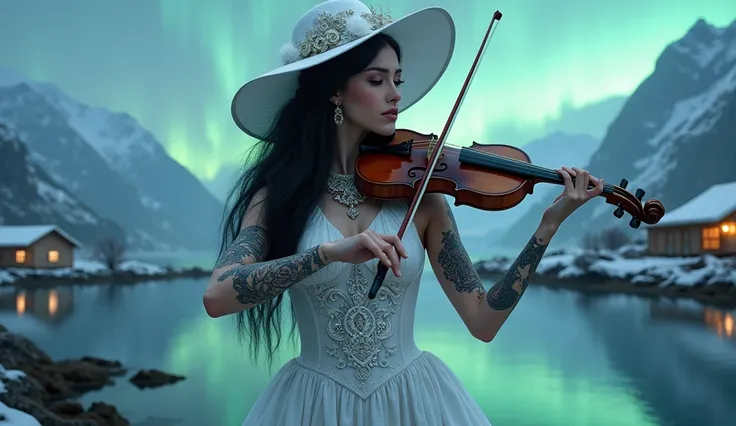 beautiful woman, white steampunk hat, long black hair,  white steampunk clothes , playing violin,  tattoo on arms and bodies , Maximum details,  intricately detailed,  lighting ,  Northern Lights over a Nordic Fjord,  the colorful lights reflected in the c...