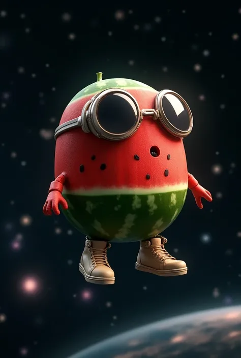 Watermelon flies in space ,  watermelon with cool shoes and a visor