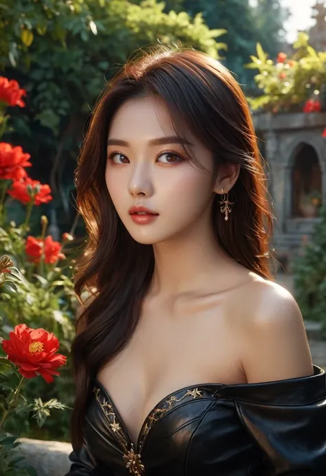 Korean man ((with brown eyes)), Beautiful,  brown short hair, (in a black leather shirt with the scent of Asian-style )), black classic pants sits on a bench in a magical stone garden next to a girl with big blue eyes (  European looks)  brown long hair wa...