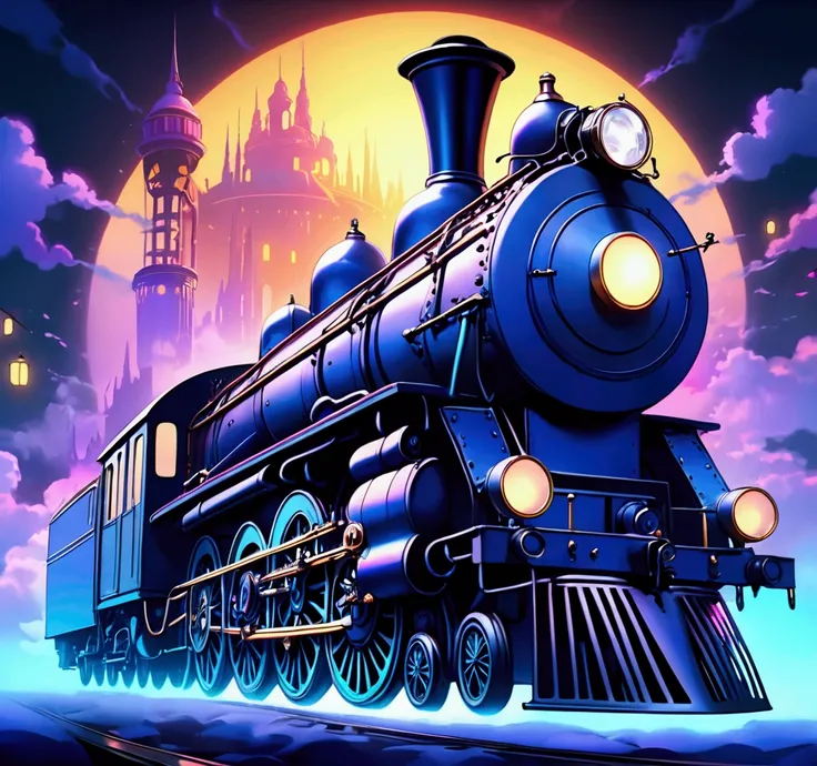 unique world where vaporwave aesthetics blend seamlessly with retrofuturism, wondrous canvas of a Victorian mechanical era, steam locomotives dashing along iron rails, thick plumes of smoke hanging in the atmosphere, gargantuan clockworks and intricate gea...