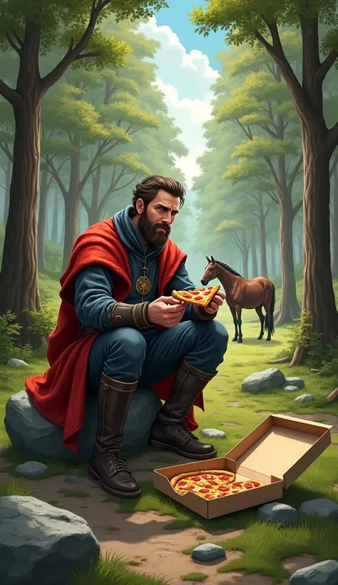 a realistic illustration containing a marshal who is sitting on a rock in a forest, surrounded by many trees, in the background there is a horse grazing. the marshal has in his hands a slice of pizza and next to him an empty box with two slices inside the ...