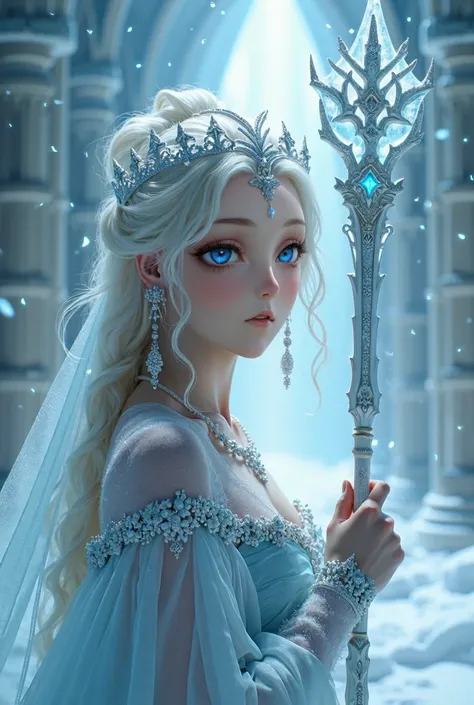 Crystal maiden, animation full body ,staff, frozen castle ,8K, Best Quality, Masterpiece, Ultra High Resolution, (Realism: 1.4), Original Photo, (Realistic Skin Texture: 1.3), (Film Grain: 1.3), (Selfie Angle), 1 Girl, Beautiful Eyes and Face Details, Mast...