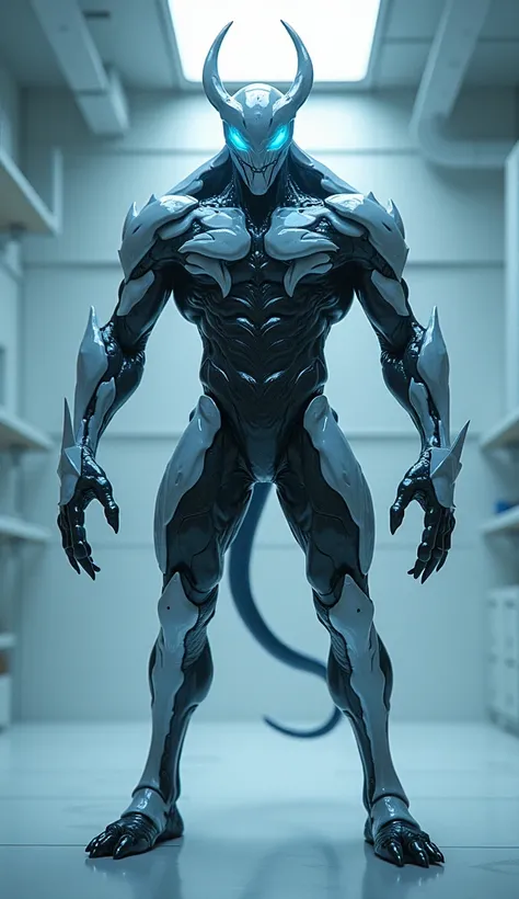 A menacing Anti-Venom hybrid fusion of Dyrrothe from Mobile Legends, standing in a sterile laboratory, sleek body covered in white and black symbiote, glowing blue eyes, intricate details, cinematic lighting, dramatic atmosphere, high contrast, hyper-reali...