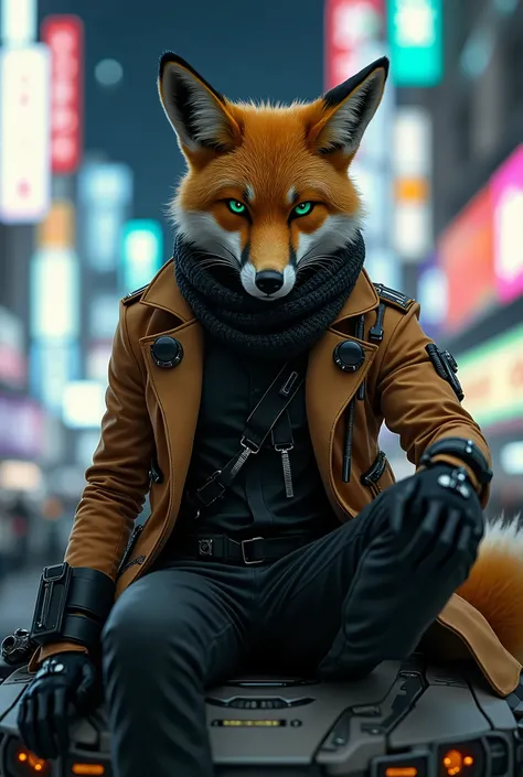 (by oouna, by honovy) male, fox, solo, wearing jacket, scouter, monocle, green eyes, fox mccloud, wearing jacket, pants, scarf, fancy, black shirt, night, city, tokyo, street, akihabara, neon lights, sitting on spaceship and showing his feet/paws
