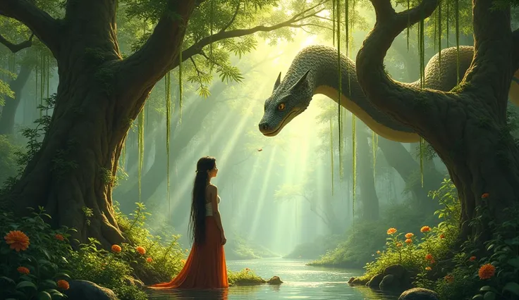 A serpent talking to Hawwa in a garden setting.