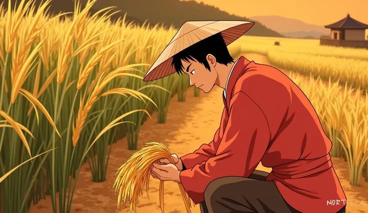  Make the anime-style image of a Japanese farmer in the Sengoku era,  the farmer is crouching in front of a rice field , holding a cluster of the same ,  he wears a Kasa straw hat and traditional Japanese clothing .  He has a calm smile looking at the rice...