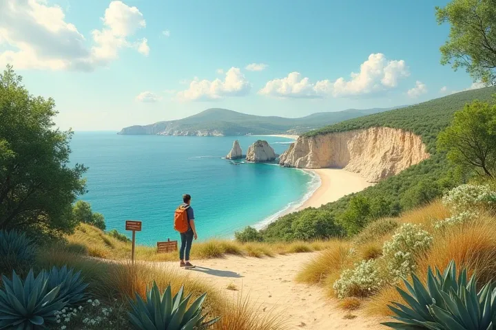  x} Picture Spains natural landscape ,  such as a picturesque coast or protected area with limited access ,  with a sign or sign ,  reminding tourists of the rules .  In the foreground is a tourist ,  respectfully observing nature from a distance ,  maybe ...