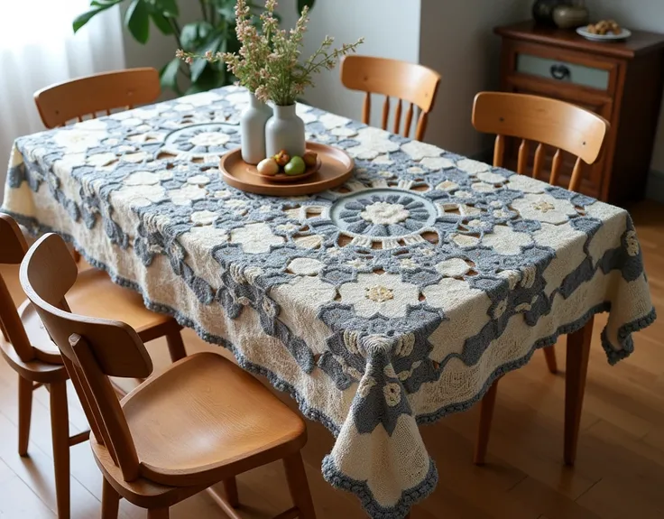 Beautiful tablecloth design knitting with wool crochet around chairs cover full table new different designs color grey flowers