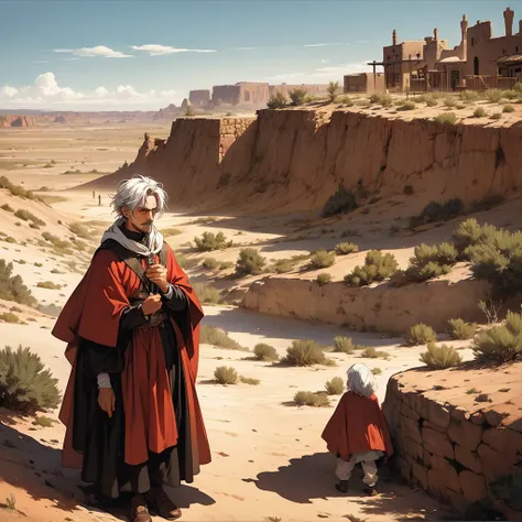   is a guy with white hair , poncho, sixteenth century , Smartphone in hand,  confusion,  with a desert and an old inn in the background