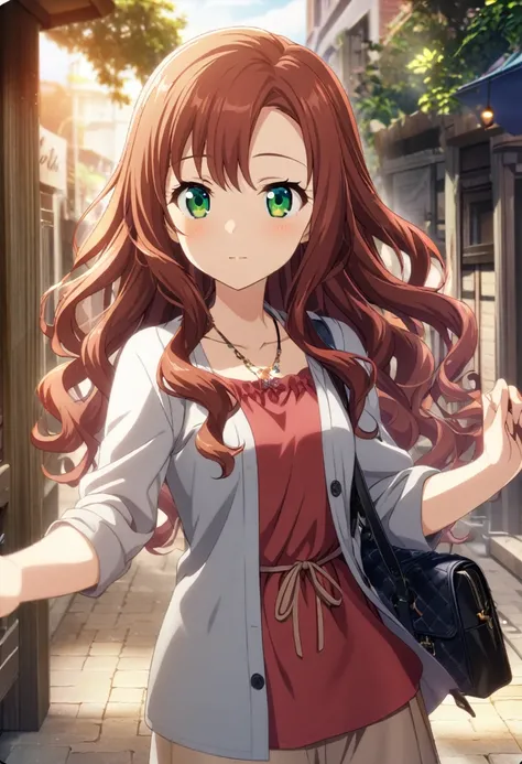 1girl, long hair, wavy hair, brown-red hair, green eyes, casual clothes, cg, 13years