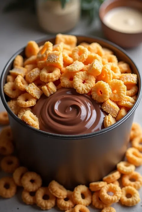 a cereal in a tub with chocolate dip