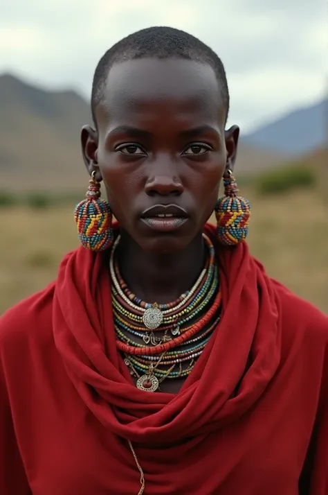 "Image dune femme Maasai nommée Precious, habillée dun châle rouge traditionnel et portant des bijoux faits de perles colorées autour du cou et des oreilles. Elle a un regard doux et bienveillant, avec une expression sérieuse, représentant une mère sage da...