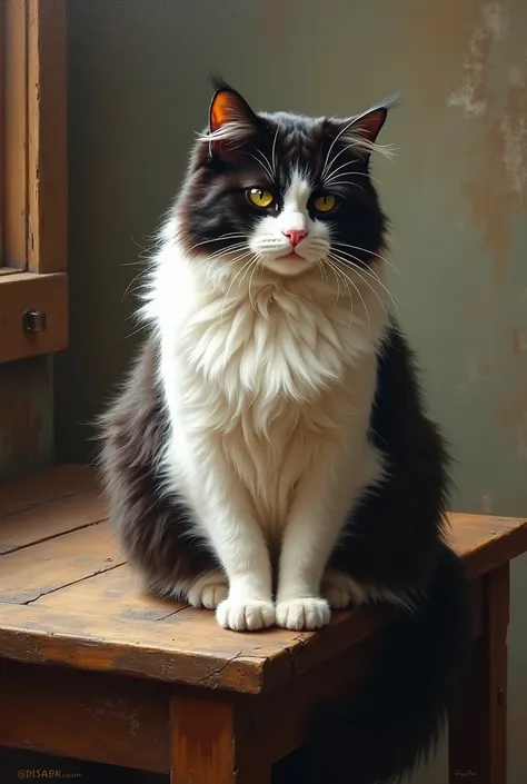 An oil painting of a cat with long white and black fur, purring contentedly on an old wooden table, taken from a low-angle viewpoint.