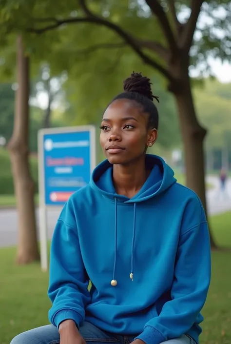 A beautiful young Nigeria woman in blue hoodie written Eby telecom services sitting in  the park waiting for her turn