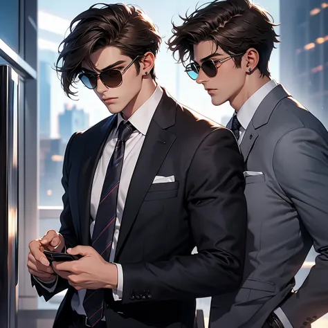  The guy with tousled brown hair,  sunglasses , business suit, Earphone