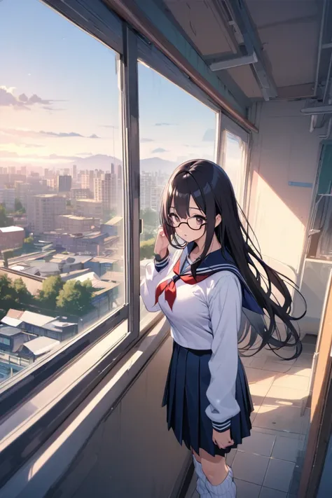  black hair long hair　Glasses　 sailor suit　 loose socks　 Beautiful Girl　Big Breasts　 School Classroom　The view from the window is a city scene