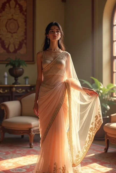 young Indian woman in transparent saree standing in drawing room.