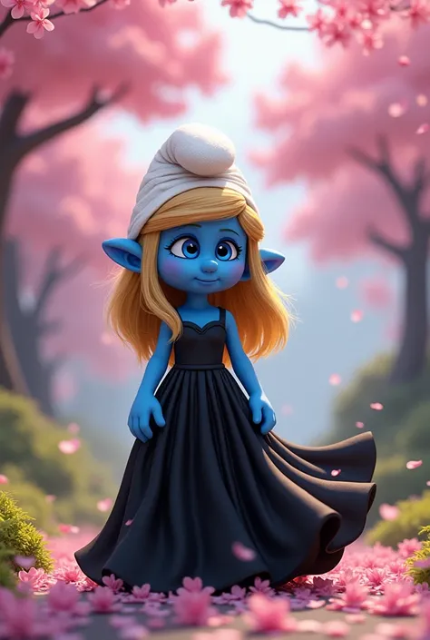 The smurfette in the black dress ,  in Japan surrounded by cherry blossoms 