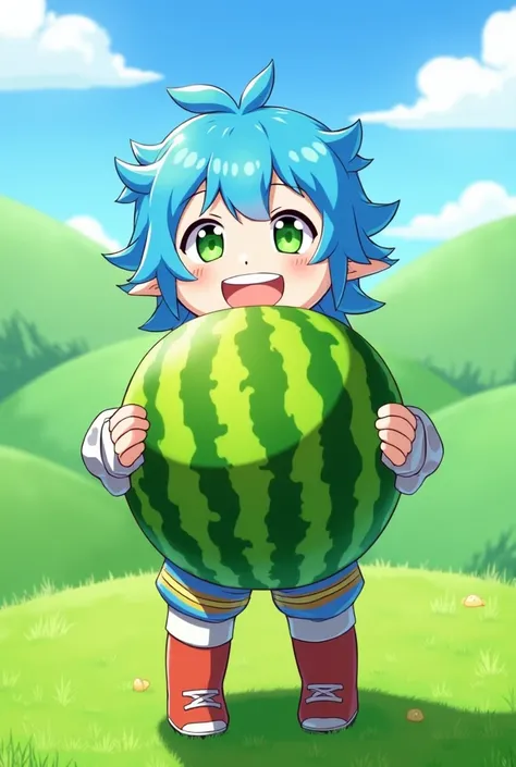 character Aventurine from videogame "Honkai:star rail" holding a big tasty watermellon in his hands