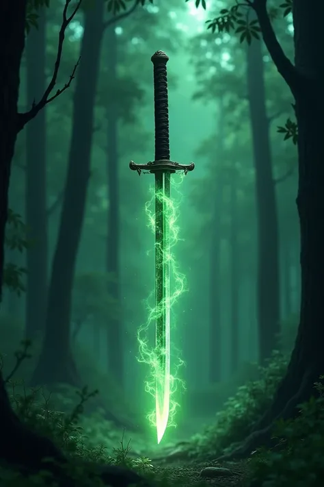 Katana alone in the woods , Floating,  with green fire blade anime 