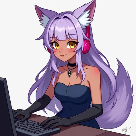 create a 2D image of a girl vtuber  , Anime neko,fox ears, with long light purple hair, square bangs,  brown-brunette Latin-American skin ,   two locks tied at the top of her hair,  yellow eyes , dark blue dress, Sleeveless and strapless short  ,  with lon...