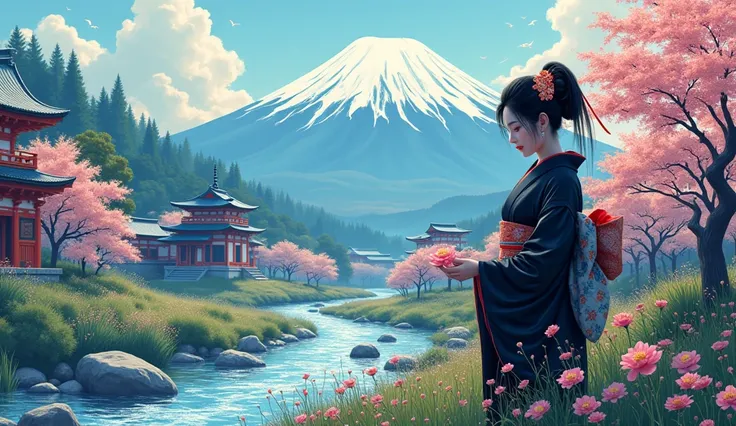 This is a full body to toe image with striking shades of blue and pink. a beautiful woman picking flowers. Japanese Geisha. the feel of a bright afternoon, long black hair tied back, her upper body covered with a black kimono and hakama. In the highest qua...