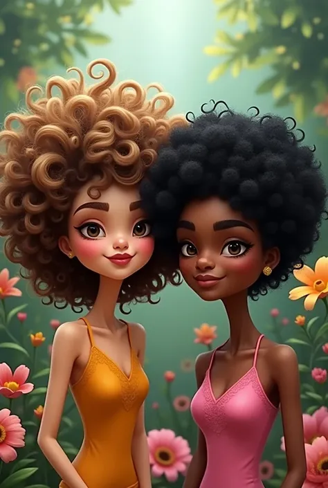  A curly-haired brunette woman with blonde highlights and a black woman with curly black hair in the shape of a cartoon and their hair is curly,  add flowers too , Flor de Couto .   The blonde woman is darker and her hair is black with blonde her hair is b...