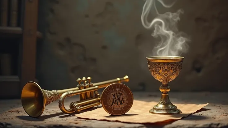 medieval stamp , a trumpet ,  and a gold cup with smoke ,  the three items must be separated