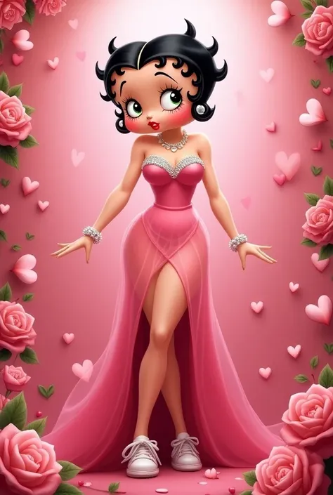 Give me an image of Betty Boop, a young adult, wearing a long dress with a slit in the leg in pink with sparkles and a sweetheart neckline, short white gloves and white sneakers with pearl jewelry on her neck and on her wrists and behind a background of pi...