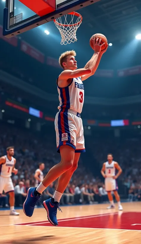 A young white French basketball player hits a 3-pointers basket