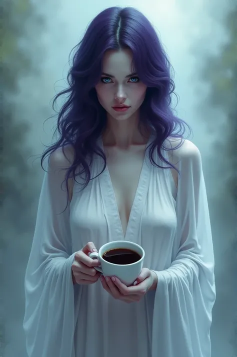 Create me an image ghost with a women face and torso half on top with dark purple hair and dark blue eyes and a ghost bottom half holding a cup of coffee