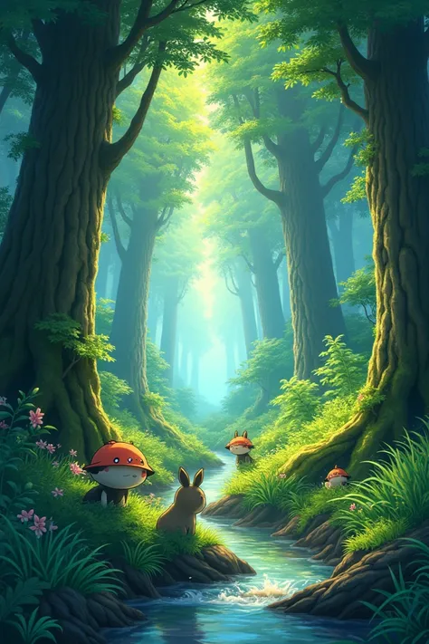 /imagine prompt: Viral anime nature wallpaper in 4K quality, in the style of digital illustration
inspired by Hayao Miyazaki, featuring a serene forest with towering ancient trees, dappled
sunlight filtering through the leaves, a gentle stream flowing thro...