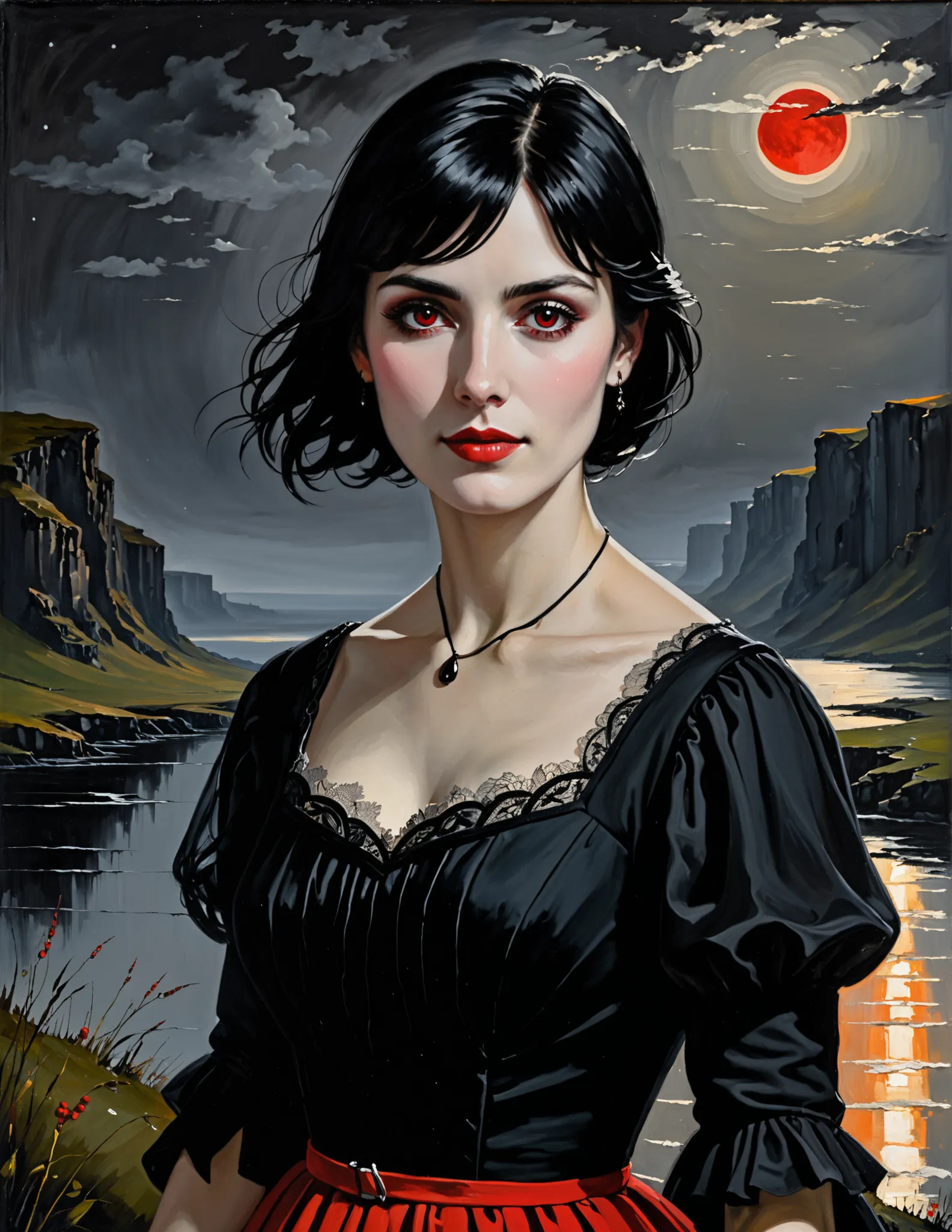 portrait, oil painting, England, {style of Peder Balke | style of Tyler Edlin}, 1girl, gentle smile, black hair, short hair, red eyes, black dress, gothic dress, dark theme, new moon, back lighting, nature background, (amazing background)