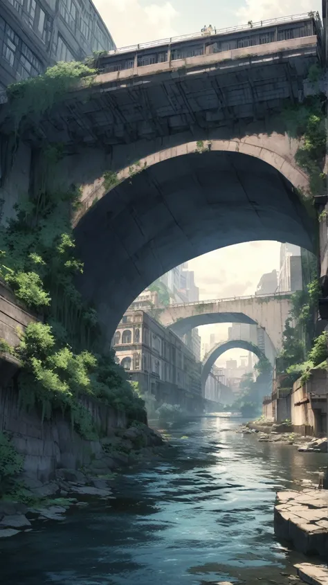 Create for me an anime-style scenario of a large river under a bridge in the city.