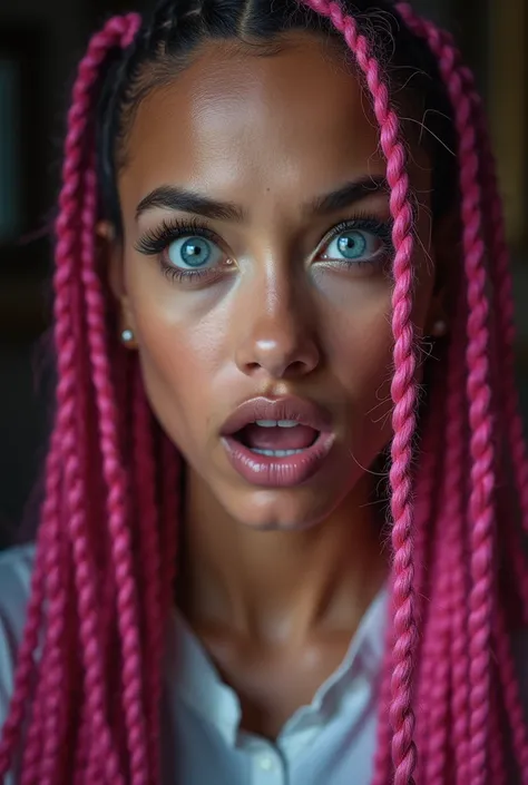 photo of a womans face, she is in shock, pink and braids, blue eyes 