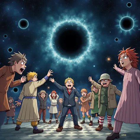 10 Lunatic People With Random Outfits,going, doing random things ,scene: universe with stars and black holes  , in the background is written  "Random Animeverse ",anime art,dark.